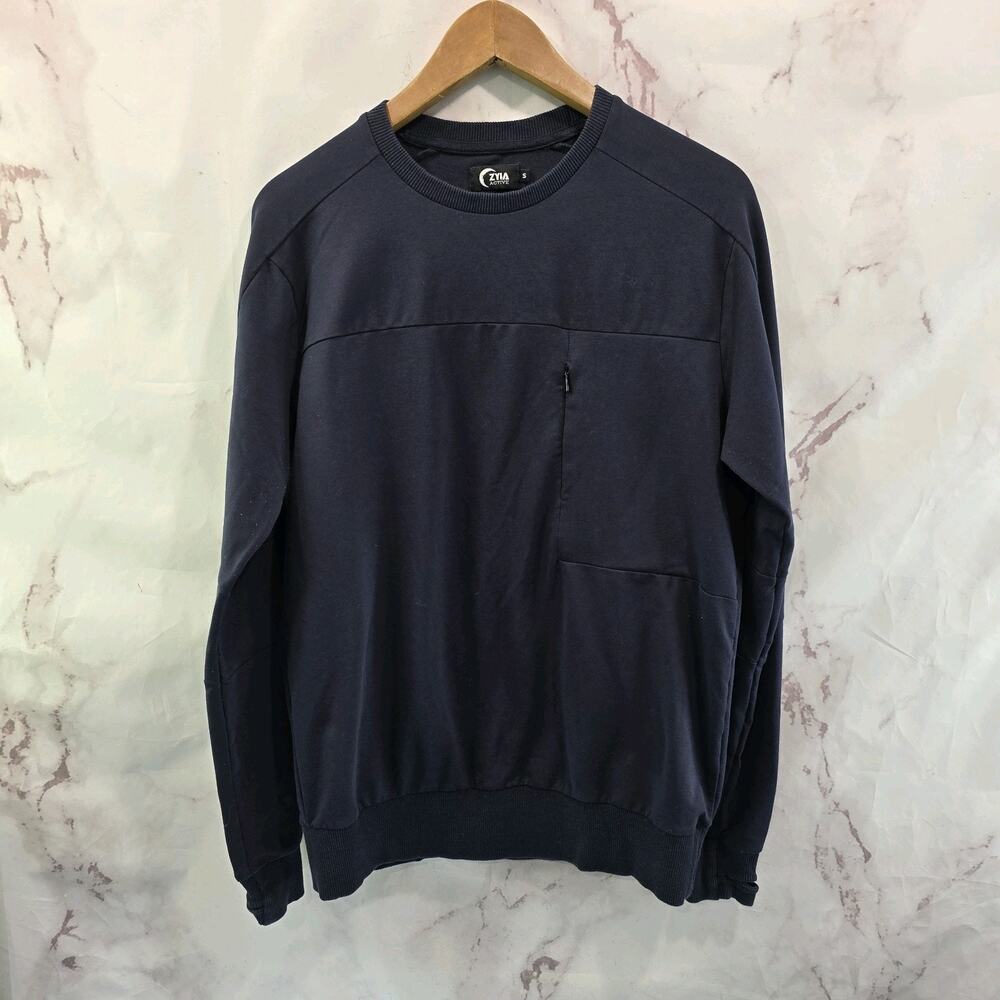 Zyia Shirt Mens Small Black Long Sleeve Football Zip Pocket Thumb Holes Pullover